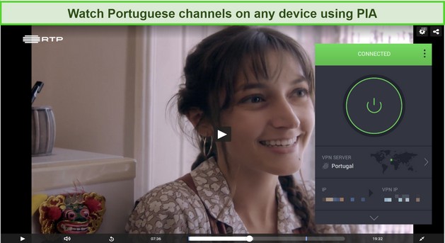 Screenshot of PIA VPN accessing RTP Portugal