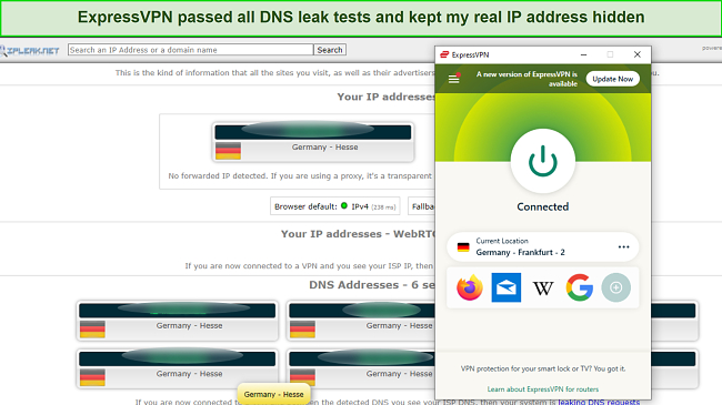 A screenshot of a DNS leak test while connected to an ExpressVPN server in Frankfurt, Germany.