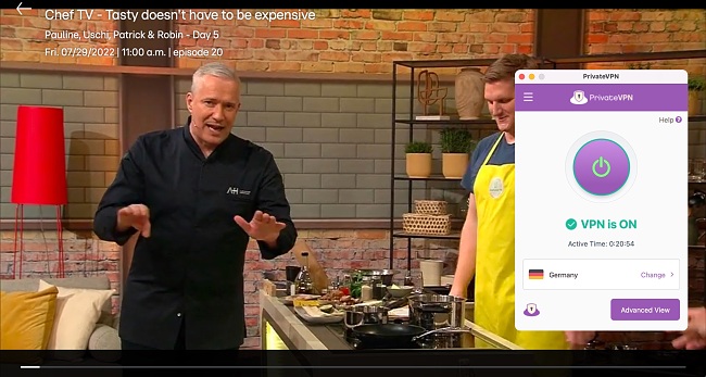 Screenshot von Chefkoch TV auf TVNOW (RTL+), während PrivateVPN mit einem Server in Frankfurt, Deutschland, verbunden ist