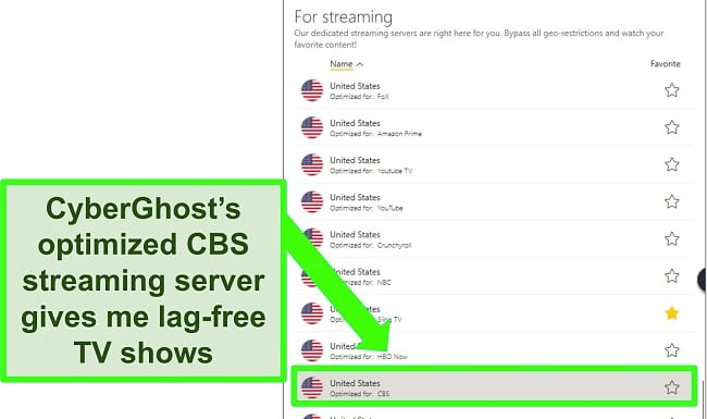 Screenshot of CyberGhost's streaming servers menu showing a CBS-optimized option