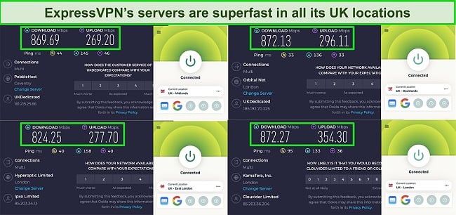 Screenshot of ExpressVPN speed test results on 4 UK servers