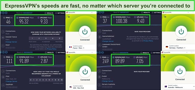 Screenshot of speed test results on ExpressVPN servers in France, USA, Germany, and Australia