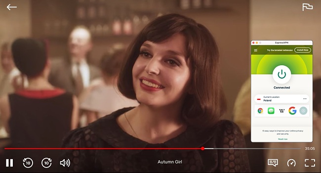 Screenshot of Autumn Girl playing on Netflix while ExpressVPN is connected to a server in Poland