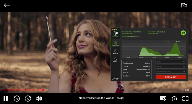 Screenshot of Nobody Sleeps in the Woods Tonight playing on Netflix while IPVanish is connected to a server in Warsaw, Poland