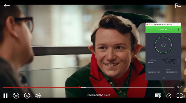 Screenshot of David and the Elves playing on Netflix while Private Internet Access is connected to a server in Poland