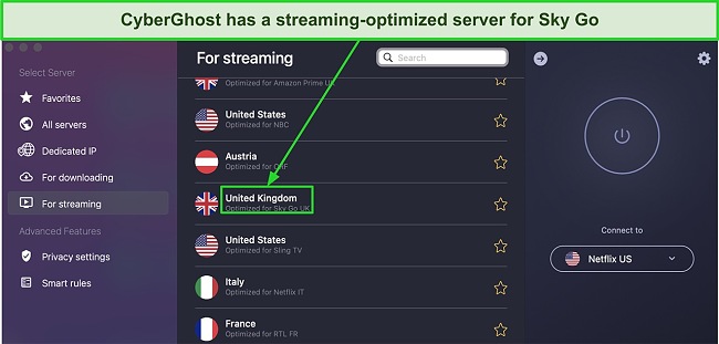 Screenshot of CyberGhost's list of streaming-optimized servers
