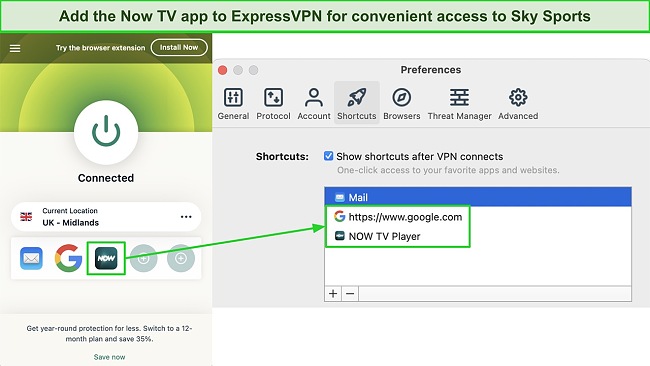 Screenshot of ExpressVPN's shortcut settings on the macOS app