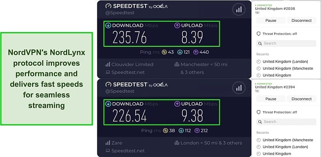 Screenshot showing the speed test results for NordVPN, highlighting the superior speeds of NordLynx when used on servers located in London and Manchester