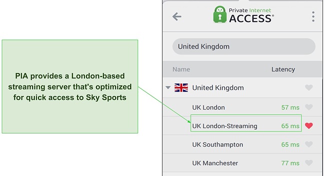 Screenshot of Private Internet Access's streaming-optimized server in the UK