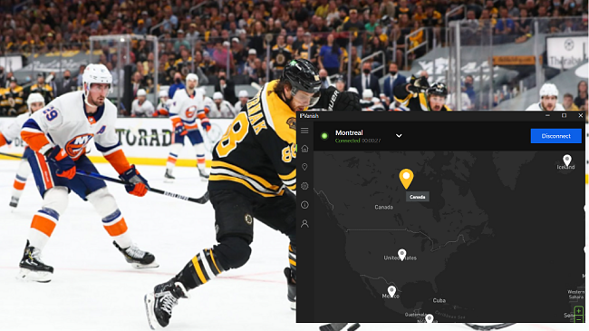 Screenshot of streaming NHL with PrivateVPN's servers in Canada