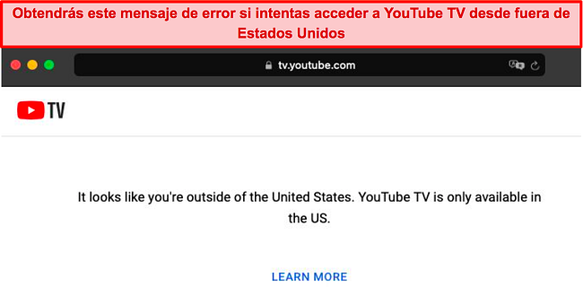 Captura de pantalla del error que muestra YouTube TV cuando detecta conexiones fuera de EE. UU.