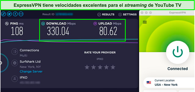 Captura de pantalla de una prueba de velocidad junto con la aplicación ExpressVPN