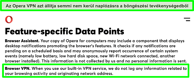 Az Opera adatvédelmi házirendjének képernyőképe, amely bemutatja, hogy a VPN nem rögzíti a naplókat.