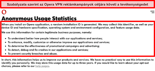 Képernyőkép az Opera VPN adatvédelmi irányelveiről 