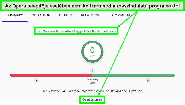 Képernyőkép egy rosszindulatú program vizsgálatáról, amely nem mutat vírusokat az Opera telepítőfájljában.