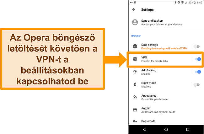 Képernyőkép az Android Opera böngésző beállítási menüjéről, amelyen látható a VPN lehetőség engedélyezve.