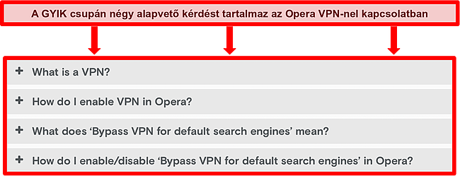 Képernyőkép az Opera VPN GYIK -ról.