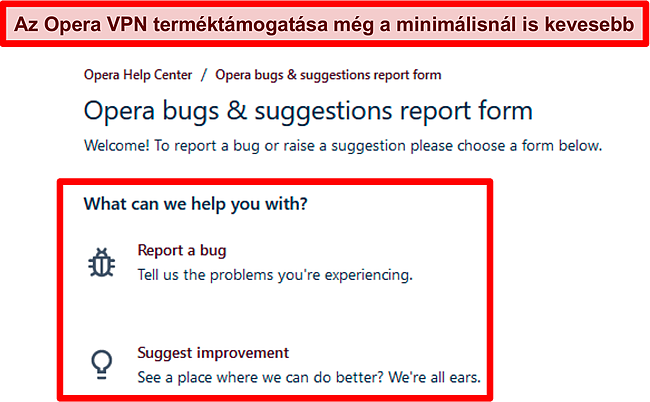 Képernyőkép az Opera VPN -ek online hibabejelentési és javaslatoldaláról.