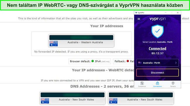 Képernyőkép egy VyprVPN-kiszolgálón végzett IP- és DNS-szivárgástesztről