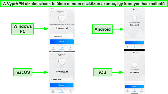 Képernyőképek a VyprVPN alkalmazásfelületéről Windows PC-n, Androidon, macOS-en és iOS-en