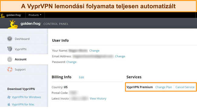 Képernyőkép a VyprVPN fiókbeállításairól