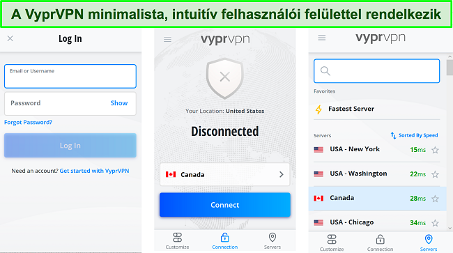 Képernyőképek a VyprVPN alkalmazás felhasználói felületéről