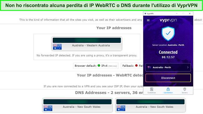 Screenshot di un test di tenuta IP e DNS eseguito su un server VyprVPN