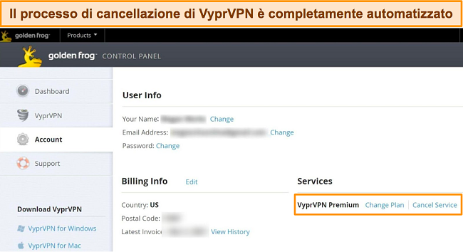 Screenshot delle impostazioni dell'account di VyprVPN