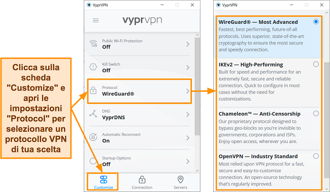 Screenshot delle opzioni del protocollo di VyprVPN