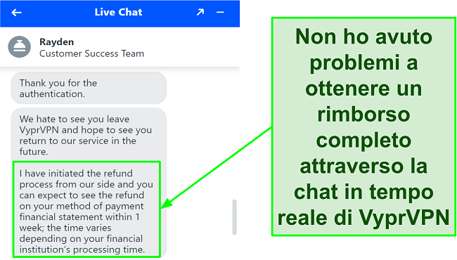 Screenshot dell'agente di chat live VyprVPN 24 ore su 24, 7 giorni su 7, che approva una richiesta di rimborso