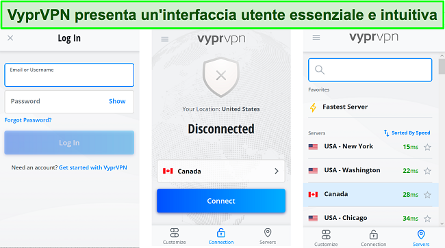 Screenshot dell'interfaccia utente dell'app di VyprVPN