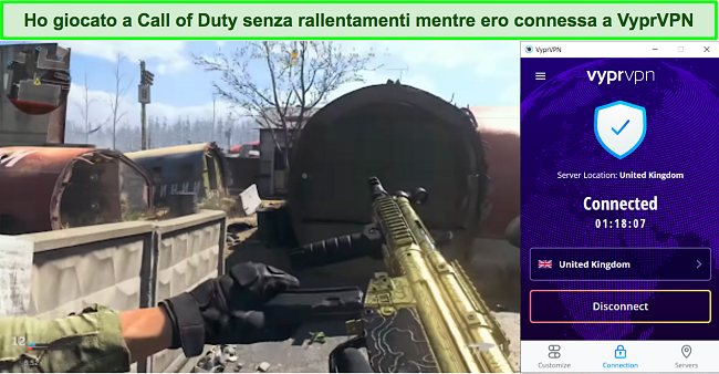 Screenshot di VyprVPN che lavora con Call of Duty