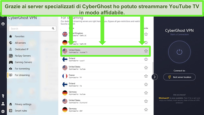 migliori VPN da utilizzare per il server di streaming ottimizzato per cyberghost di YouTube TV tv