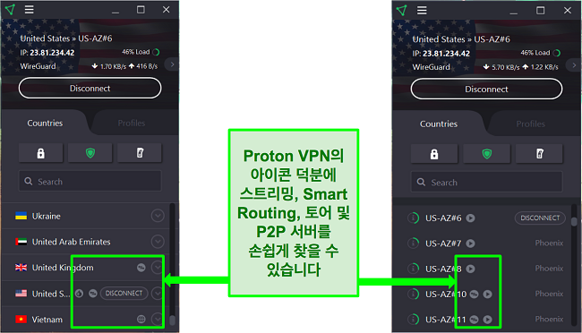 일부 Proton VPN 서버 옆에 표시되는 다양한 아이콘을 보여주는 스크린샷