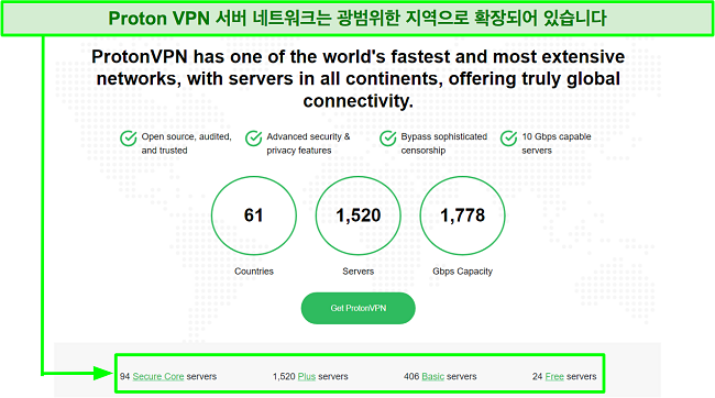 다양한 Proton VPN 요금제에서 사용 가능한 서버 수를 보여주는 스크린샷