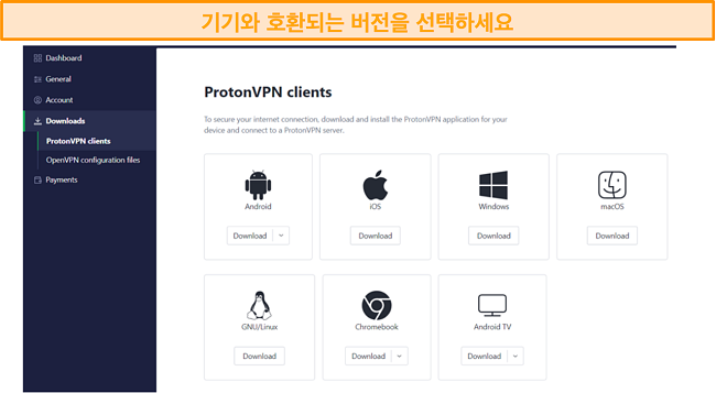 호환 장치용 ProtonVPN 다운로드 페이지 스크린샷