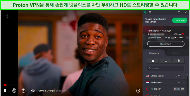 Netflix 차단을 해제하는 Proton VPN의 스크린샷