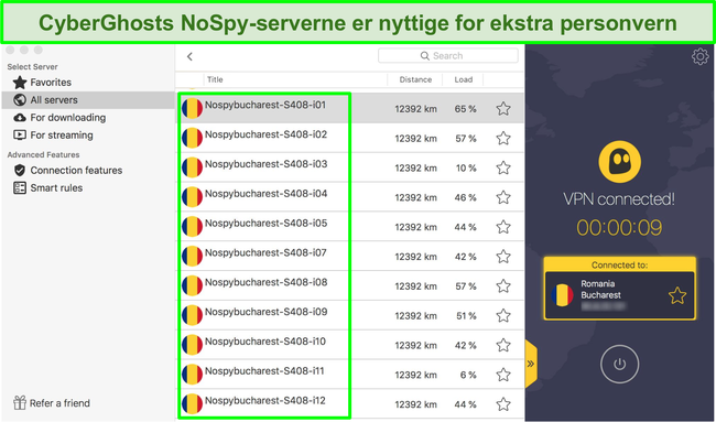 Skjermbilde CyberGhost VPN-grensesnitt som viser NoSpy-serverne