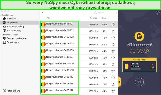 Zrzut ekranu Interfejs CyberGhost VPN przedstawiający jego serwery NoSpy