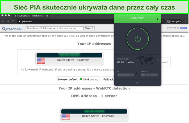 Zrzut ekranu pokazujący, że PIA przeszło testy szczelności IP, DNS i WebRTC