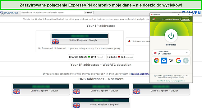 Zrzut ekranu wyników testu szczelności IP pokazujący brak wycieków z ExpressVPN podłączonym do serwera w Wielkiej Brytanii.