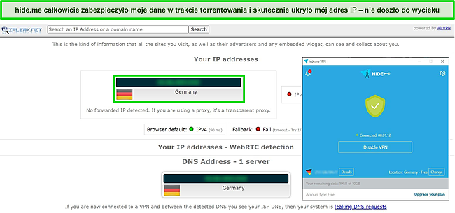 Zrzut ekranu wyników testu szczelności IP pokazujący brak wycieków z hide.me połączonym z niemieckim serwerem.