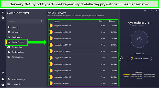 Zrzut ekranu aplikacji CyberGhost Windows pokazujący listę serwerów NoSpy.
