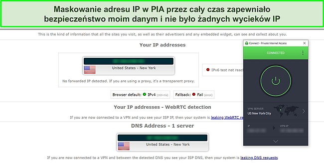 Zrzut ekranu PIA podłączonego do serwera w USA z wynikami testu szczelności IPLeak.net.