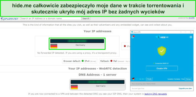 Ochrona przed wyciekami hide.me zabezpieczyła moje adresy IP i DNS przed wścibskimi oczami