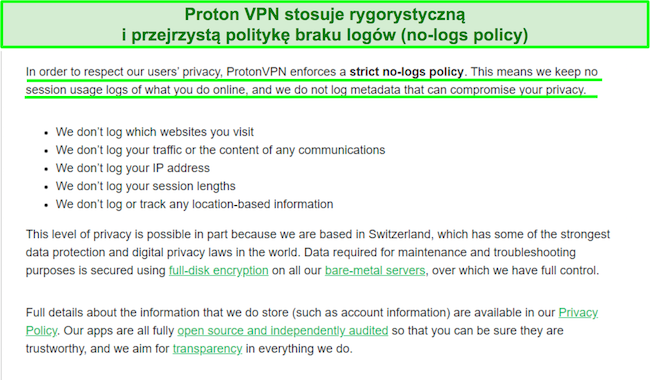 Zrzut ekranu przedstawiający oświadczenie o ochronie prywatności firmy Proton VPN dotyczące praktyk rejestrowania