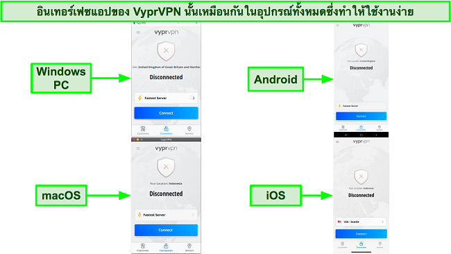 ภาพหน้าจอของอินเทอร์เฟซแอป VyprVPN บน Windows PC, Android, macOS และ iOS
