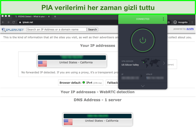 PIA'nın IP, DNS ve WebRTC sızıntı testlerini geçtiğini gösteren ekran görüntüsü