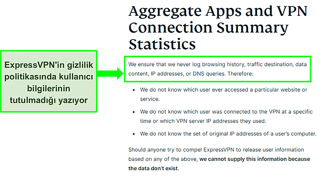 ExpressVPN'in gizlilik politikasının ekran görüntüsü.