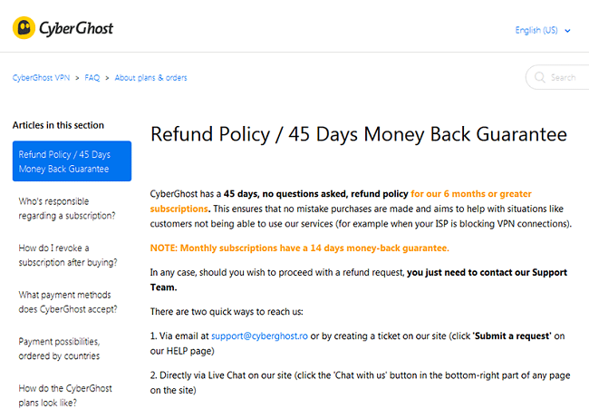 CyberGhost 45-Day Money Back Guarantee